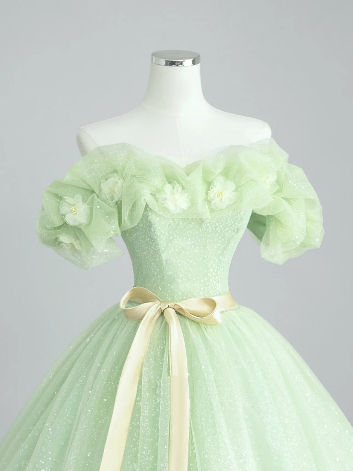 Vestido de fiesta de tul verde claro con flores, corte A 