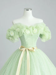 Vestido de fiesta de tul verde claro con flores, corte A 