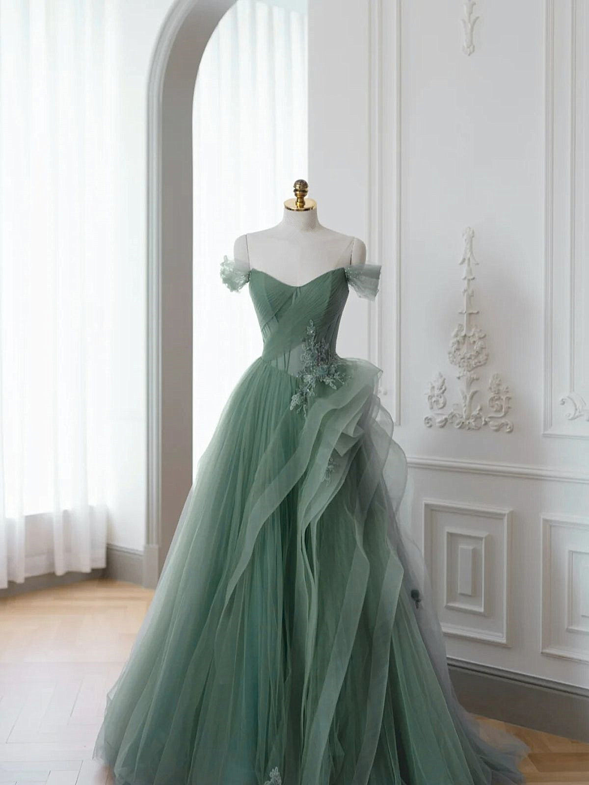 A-line Off Shoulder Tulle with Flowers Party Dress