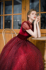 Wine Red Velvet and Tulle Tea Length Party Dress