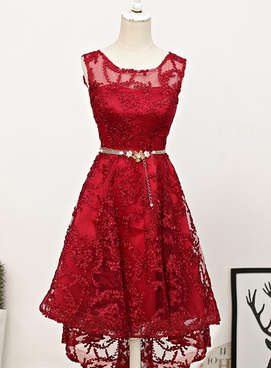 Dark Red High Low Lace Party Dress Homecoming Dress