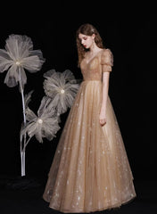 Champagne A-line V-neckline Tulle Short Sleeves Party Dress