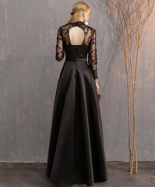 Black Satin and Lace Long Formal Dress Party Dresses