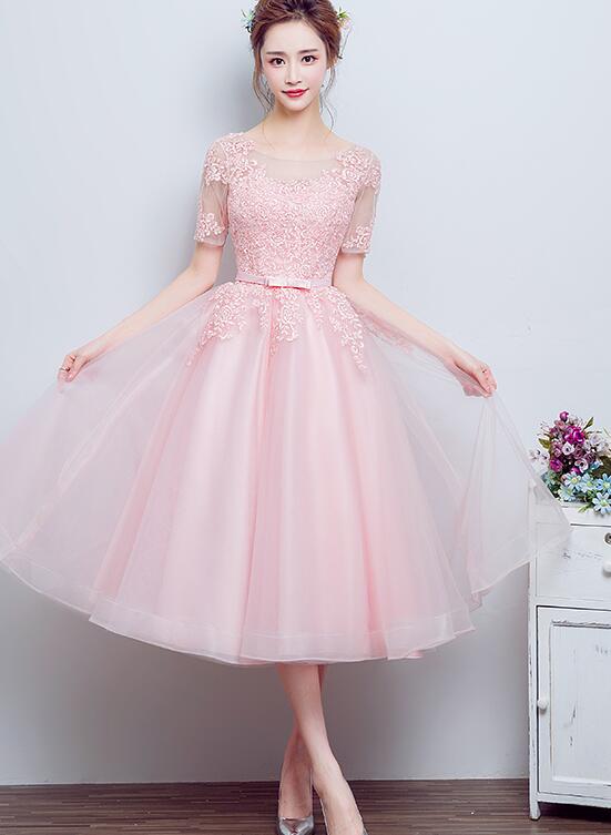 Beautiful Pink Tulle Tea Length Bridesmaid Dresses