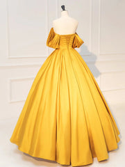 Gold Satin Floor Length Off Shoulder Party Dress