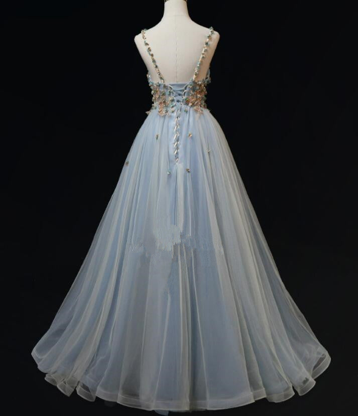 Blue Tulle with Flowers Straps Long Evening Dress