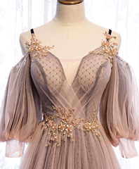 Long Sleeves Pink Tulle Long Party Dress with Lace