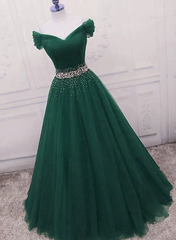 Precioso vestido de fiesta largo de tul verde oscuro con hombros descubiertos 