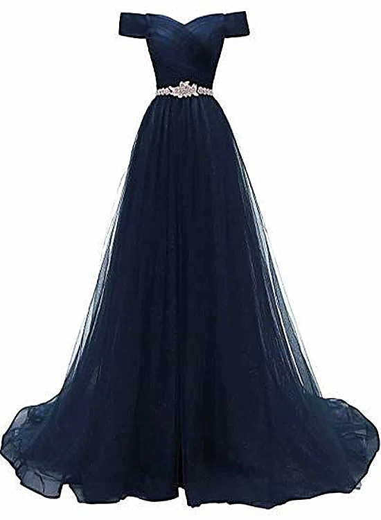 Off Shoulder Navy Blue Party Dress