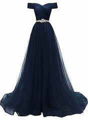 Off Shoulder Navy Blue Party Dress