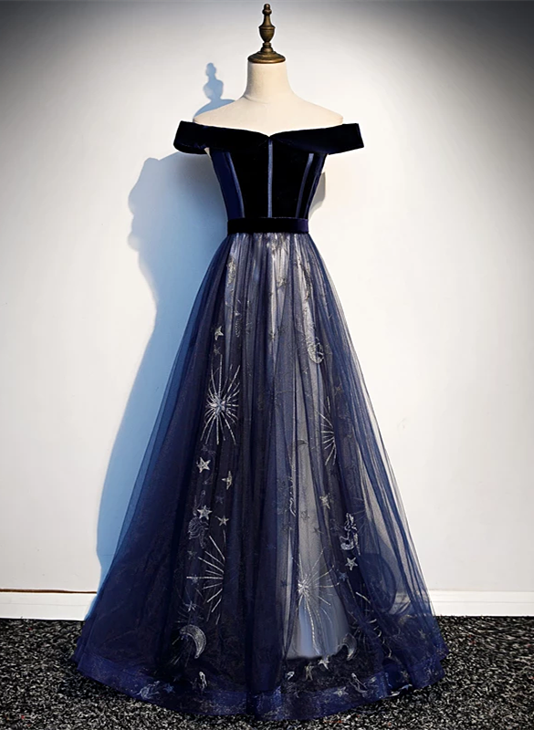 Vestido de fiesta de terciopelo y tul con hombros descubiertos y estampado floral azul marino 