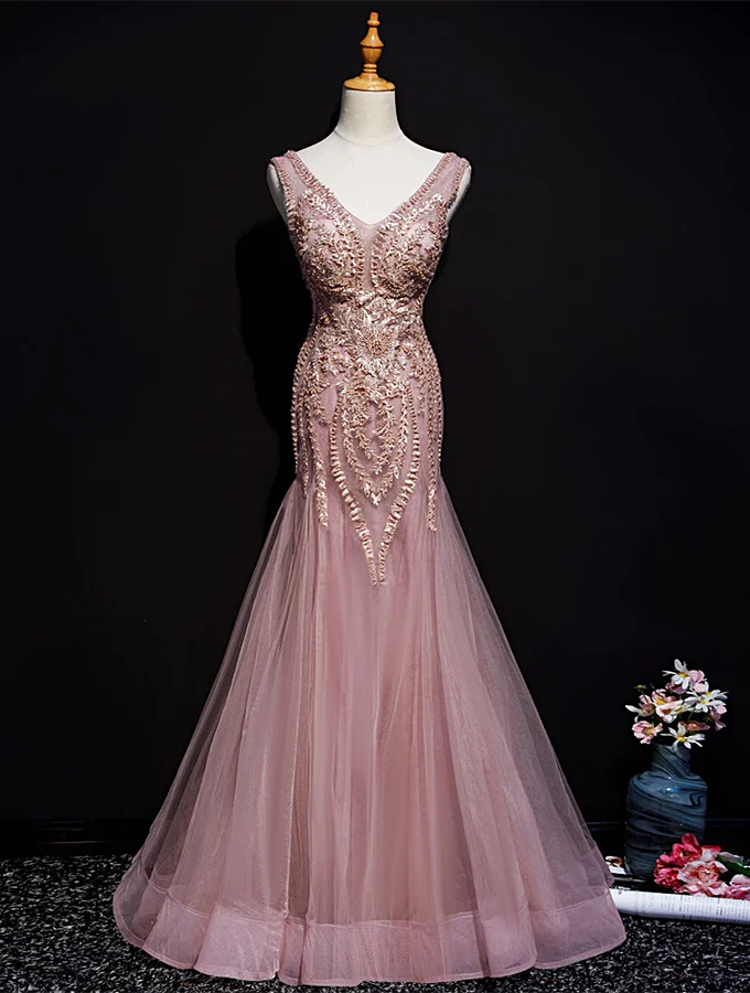 Pink Mermaid Tulle Long Evening Dress with Lace