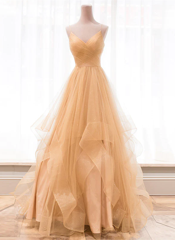 Light Champagne V-neckline Layers Straps Shiny Tulle Party Dress