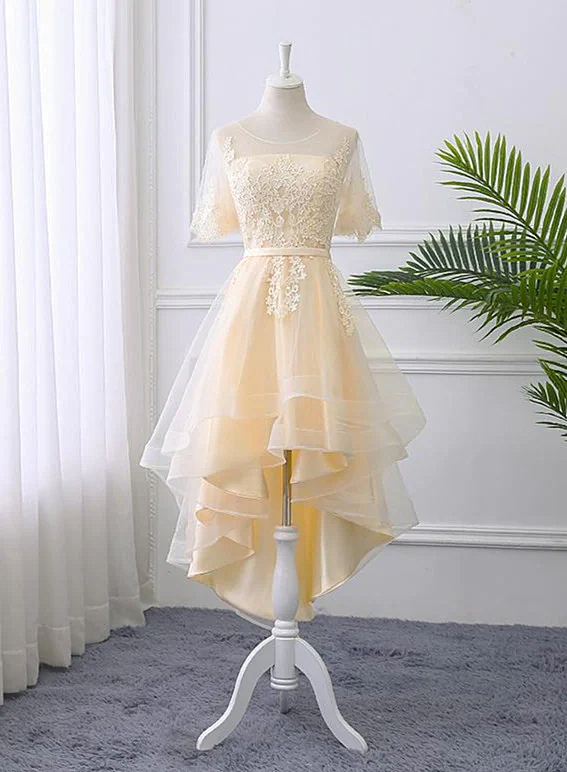 Adorable Light Champagne High Low Party Dress with Lace Applique