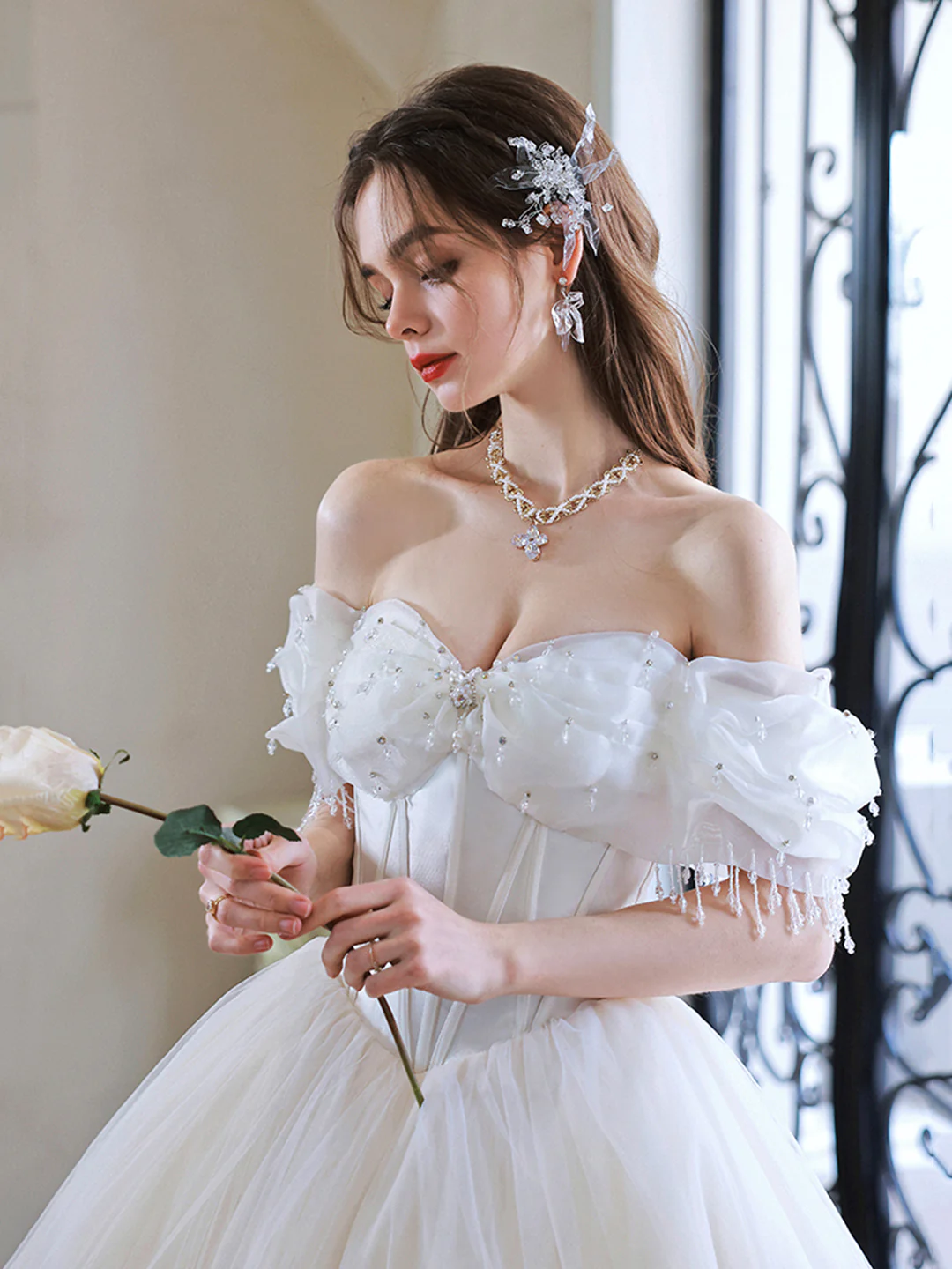 White Off Shoulder Sweetheart Beaded Long Party Dress