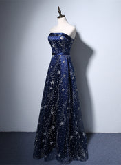 Vestido de noche largo de tul azul marino con corte en A 