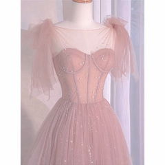 Vestido de fiesta de corte A con escote en forma de corazón de tul rosa y perlas 