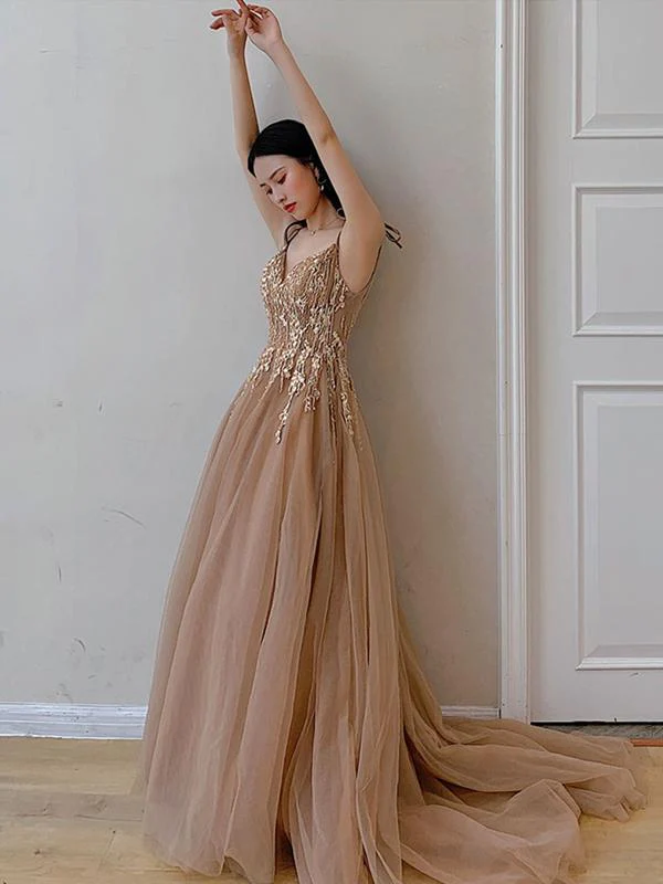 Champagne V-neckline Tulle with Lace Party Dress