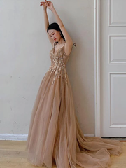 Champagne V-neckline Tulle with Lace Party Dress