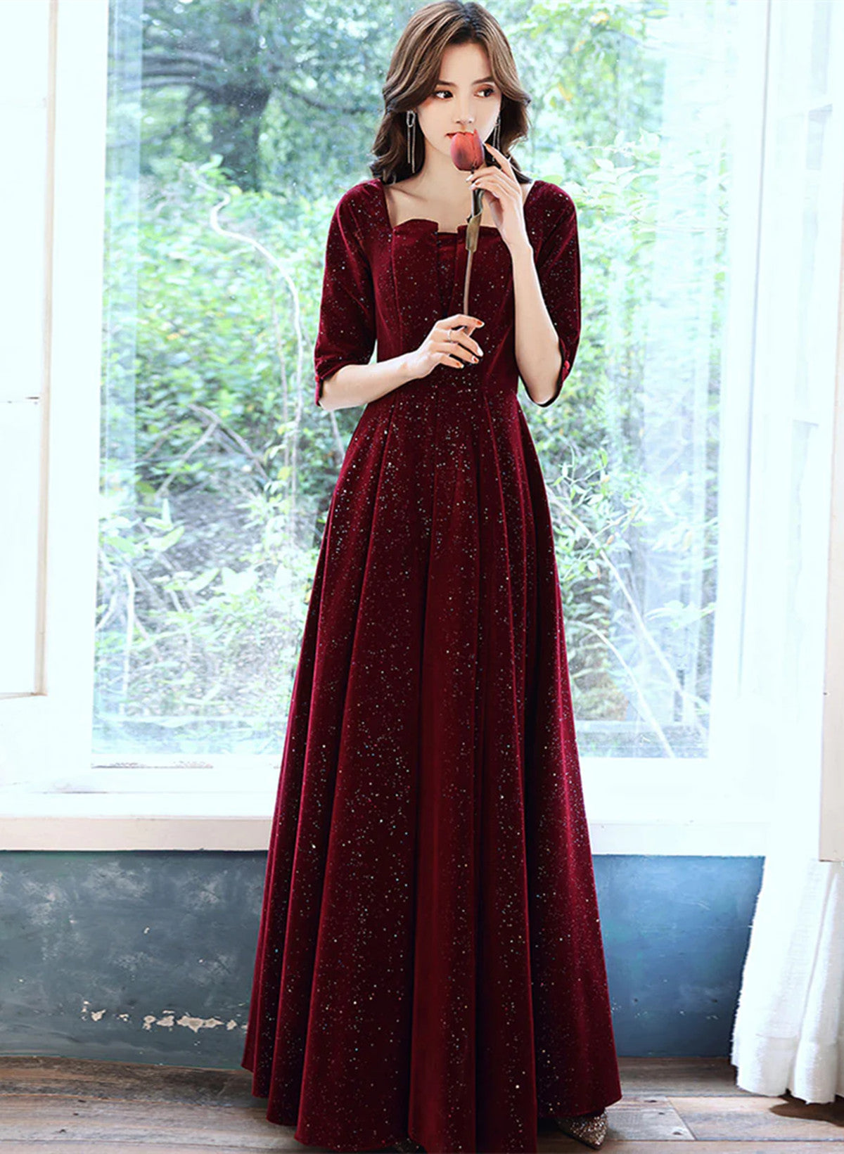 Vestido formal largo de manga corta de terciopelo rojo vino 