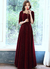 Vestido formal largo de manga corta de terciopelo rojo vino 
