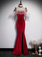 Hermoso vestido de fiesta largo estilo sirena de terciopelo rojo vino 