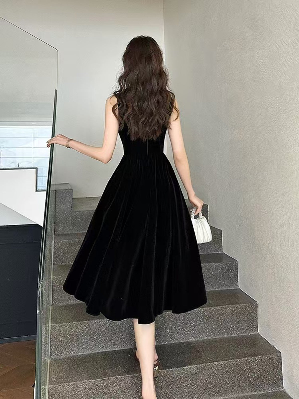 A-line Black Velvet Tea Length Round Neckline Party Dress