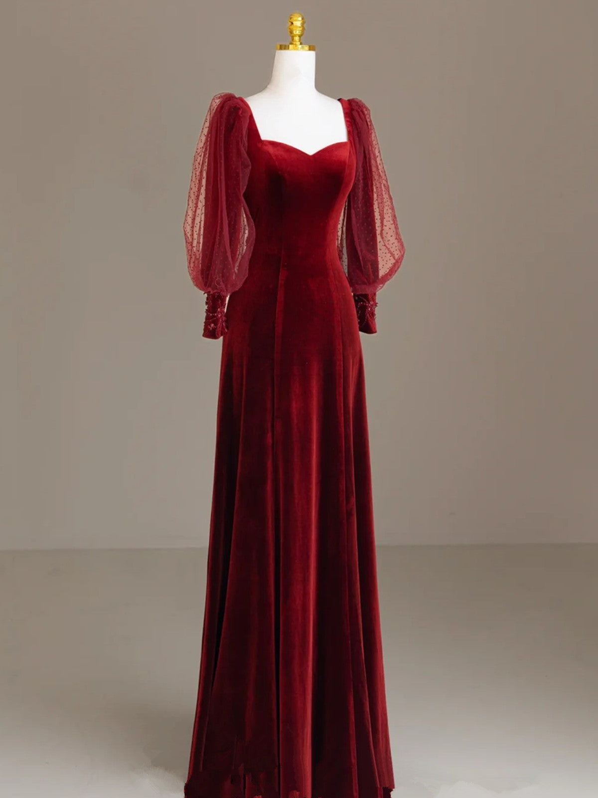 Wine Red Velvet Long Puffy Sleeves Prom Dress