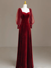 Wine Red Velvet Long Puffy Sleeves Prom Dress