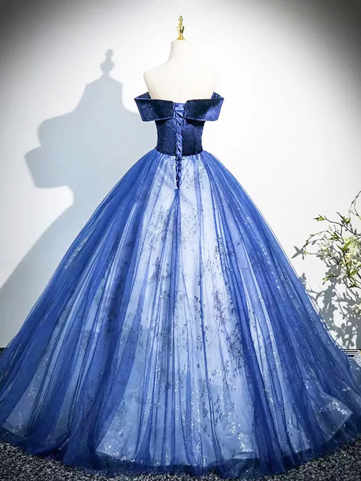 Blue Tulle with Lace Off Shoulder Party Dress