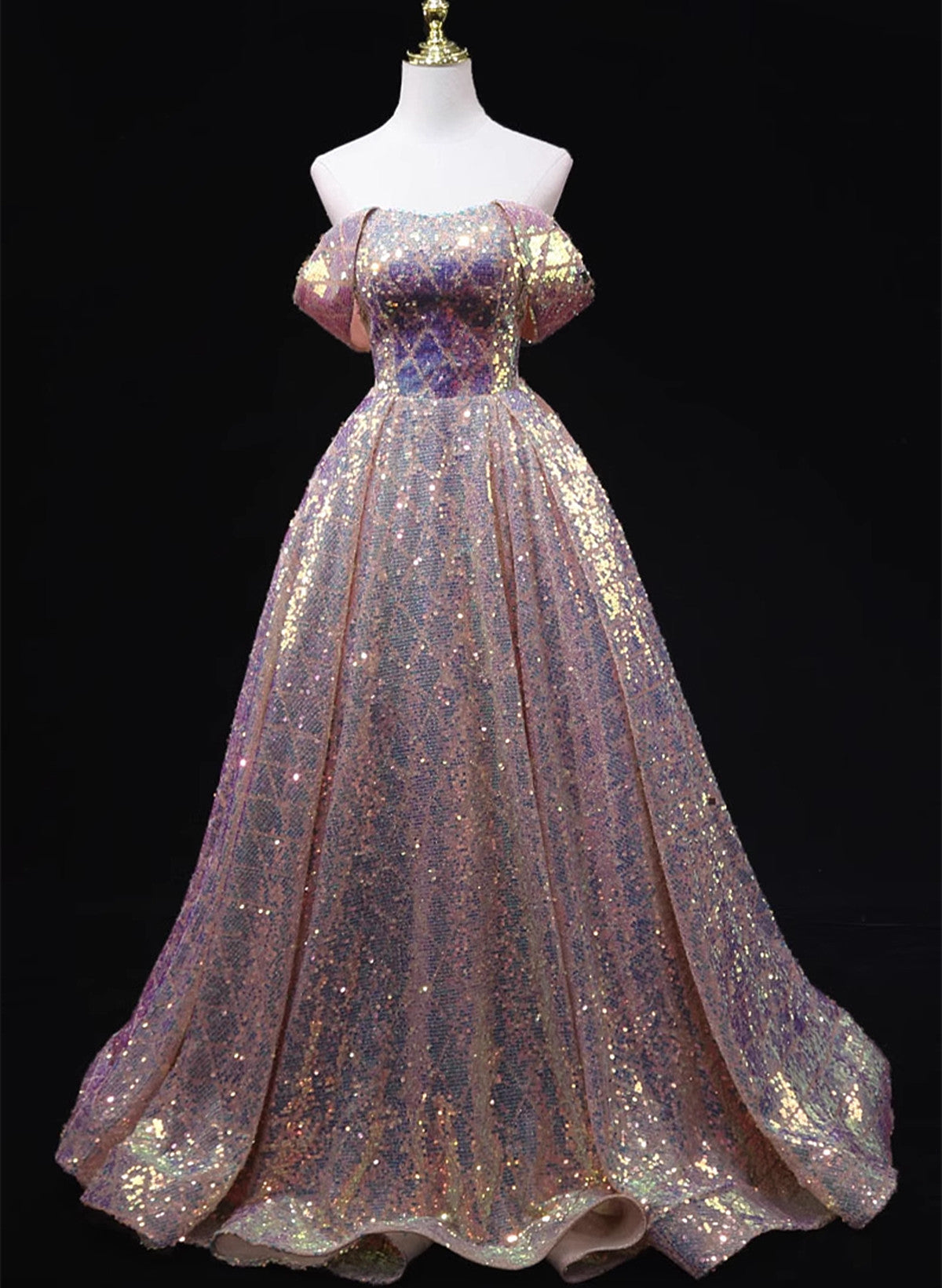 Pink Sequins Off Shoulder A-line Long Prom Dress