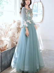 Vestido de fiesta verde de manga larga con flores de encaje 