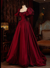 Burgundy Puffy Sleeves Taffeta Long Prom Dress