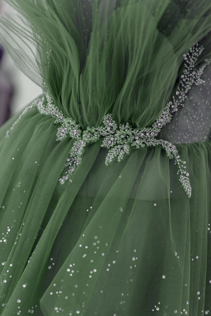 Glam Green Layers Tulle Straps Beaded Long Party Dress