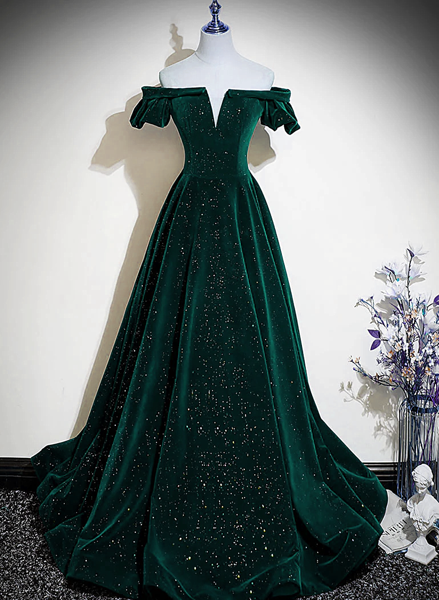 Dark Green Velvet Off Shoulder Long Party Dress