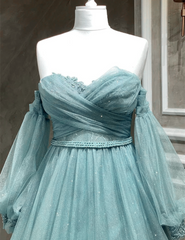 Light Blue A-line Long Sleeves Party Dress with Lace