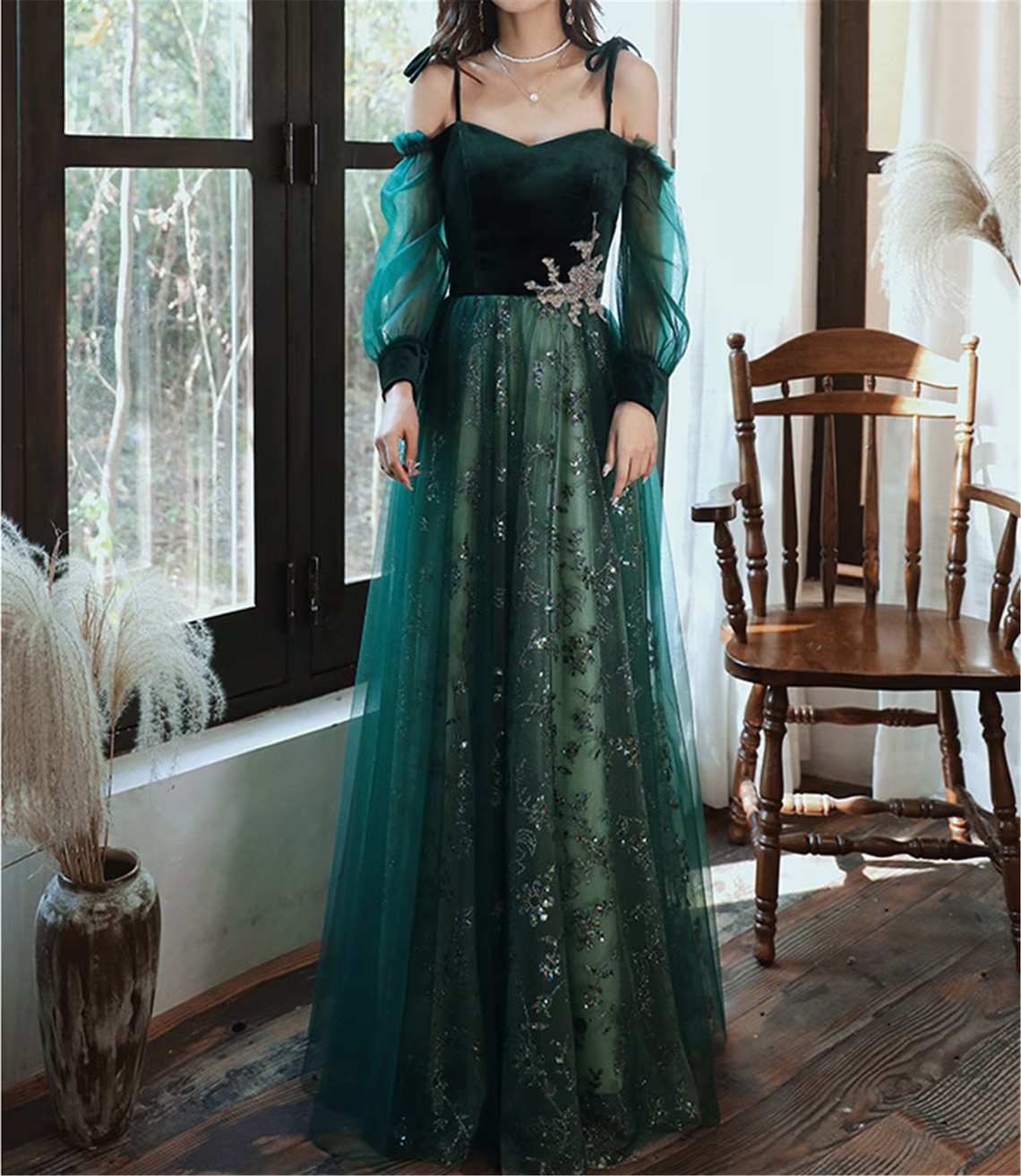 A-line Green Tulle with Lace Long Party Dress