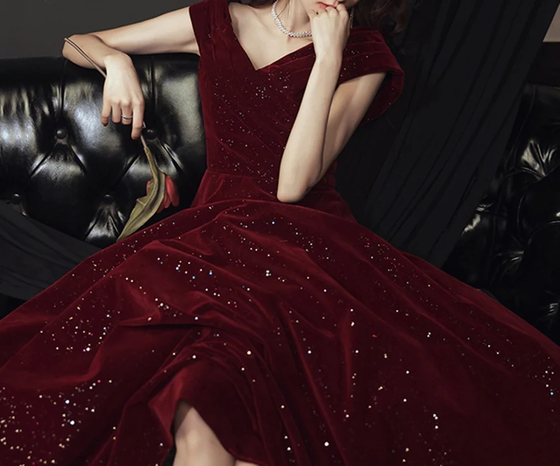 Vestido de fiesta de terciopelo rojo vino, largo hasta el suelo, corte A 