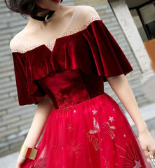 Wine Red Velvet and Tulle A-line Floor Length Party Dress
