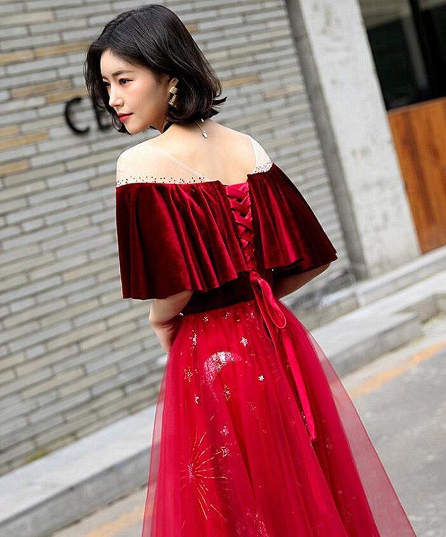Wine Red Velvet and Tulle A-line Floor Length Party Dress