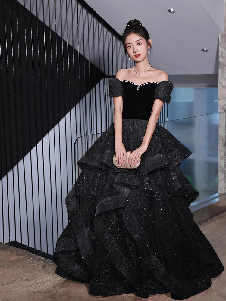 Black Velvet and Tulle Off Shoulder Long Formal Dress