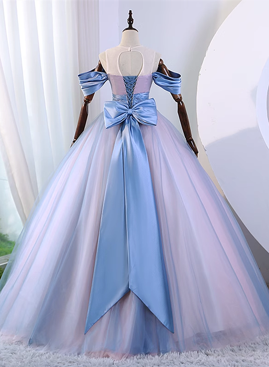 Vestido formal rosa y azul con hombros descubiertos y apliques de encaje 