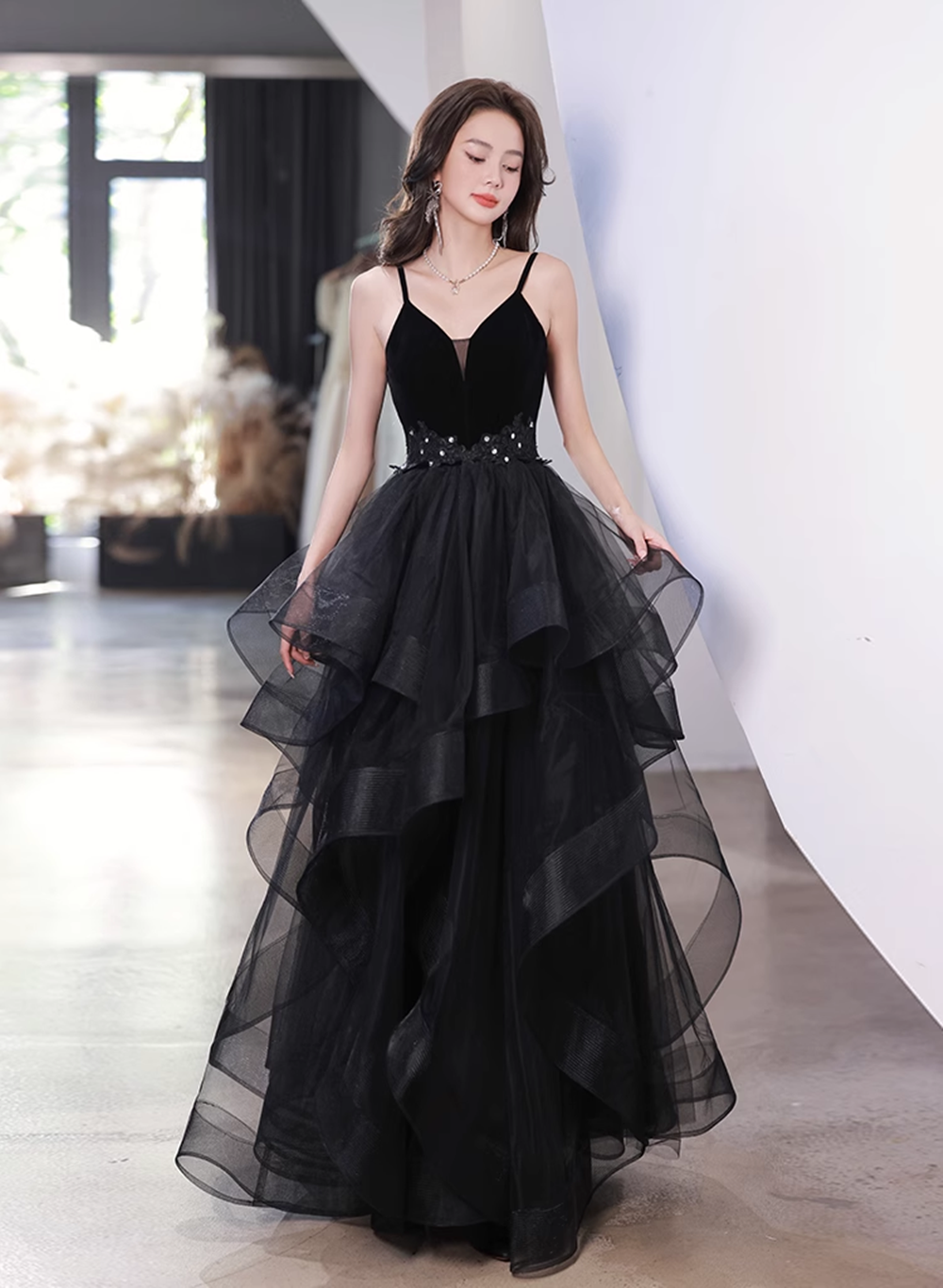 Black Tulle Straps V-neckline Beaded Long Formal Dress