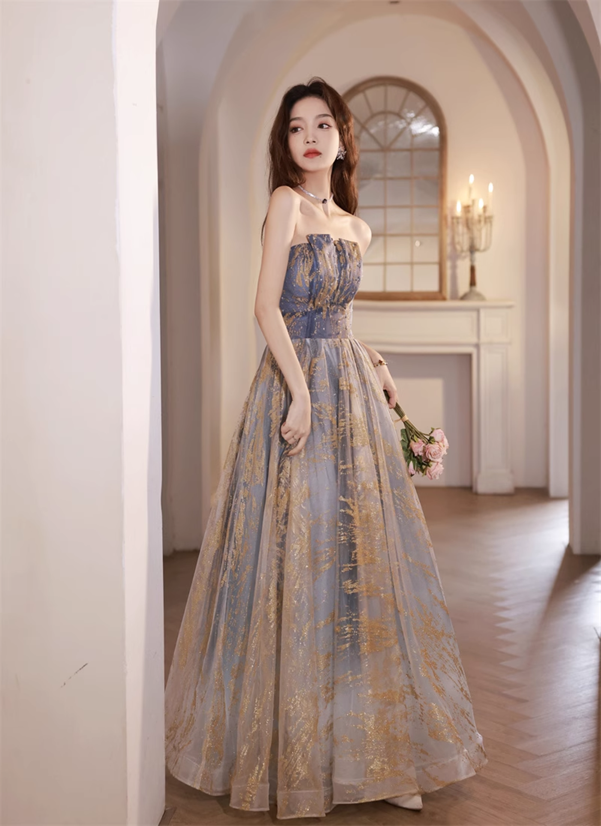 A-line Blue Gradient Tulle Long Party Dress