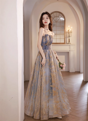 A-line Blue Gradient Tulle Long Party Dress