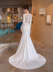 Vestido de fiesta de boda de sirena de satén blanco con mangas largas y encaje 
