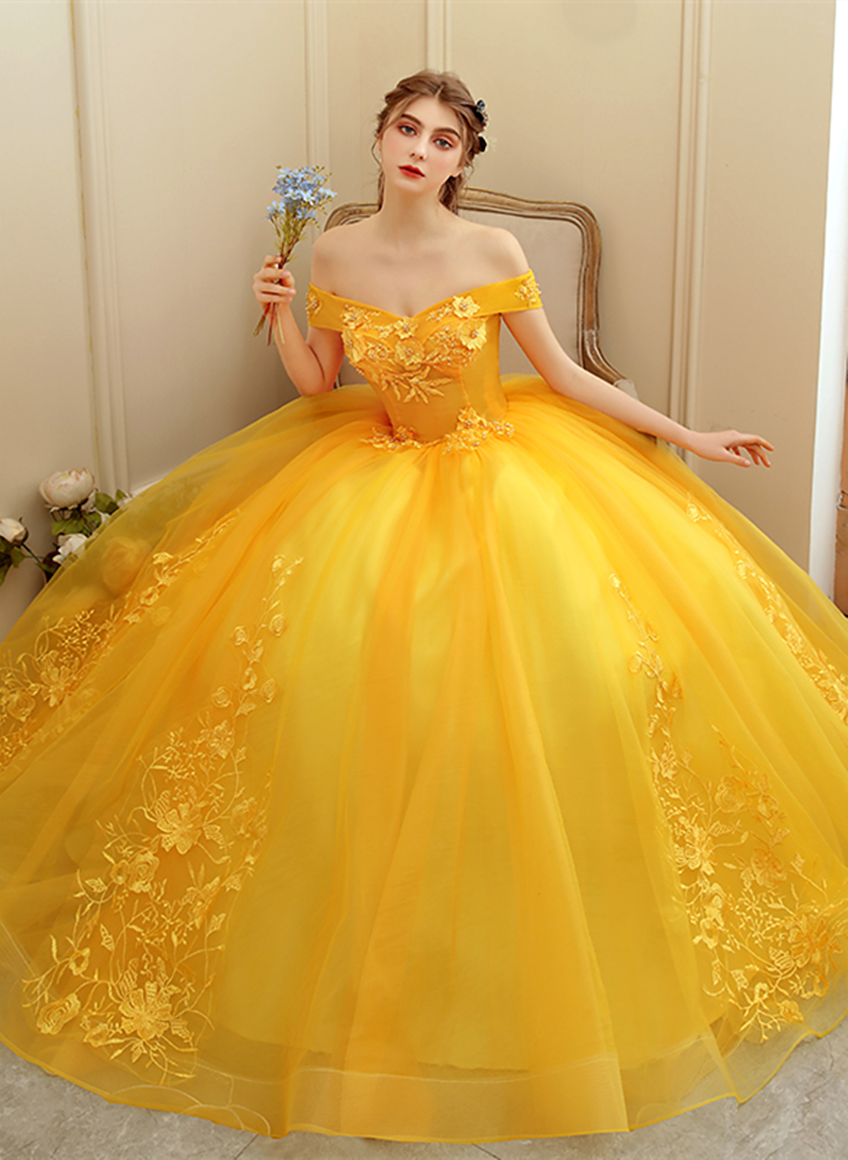Yellow Off Shoulder Ball Gown Tulle with Lace Sweet 16 Dress