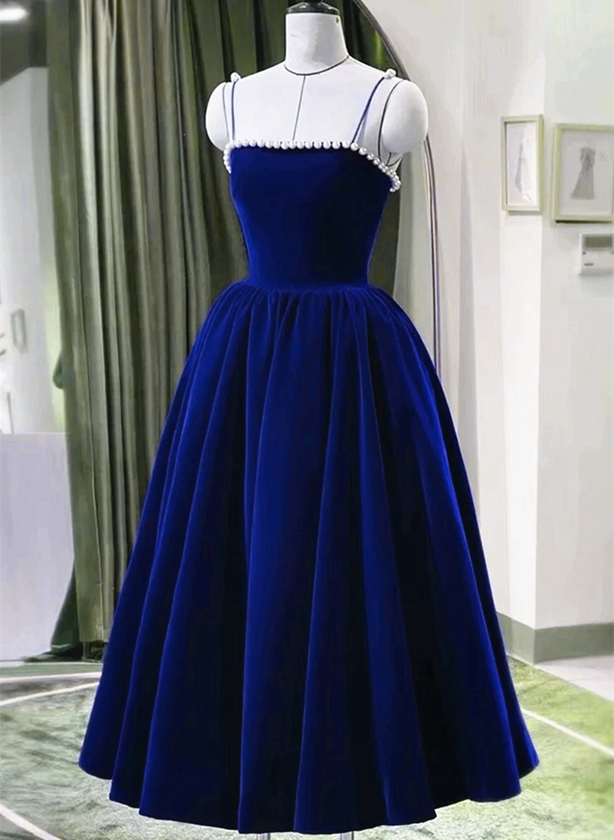 Blue Tea Length Velvet Straps Pearls Formal Dress