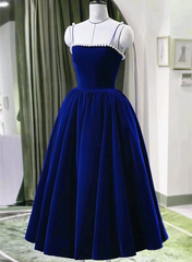Blue Tea Length Velvet Straps Pearls Formal Dress