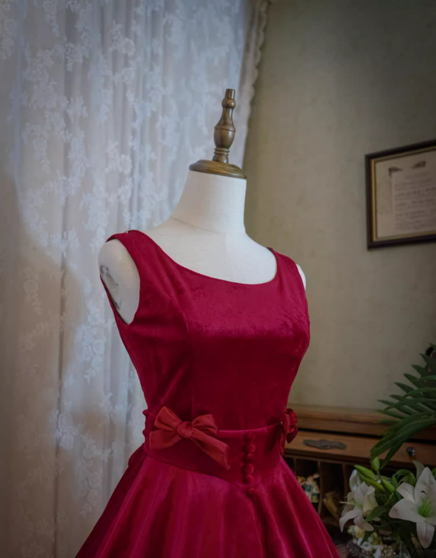 Wine Red Satin Tea Length Party Dress with Bow